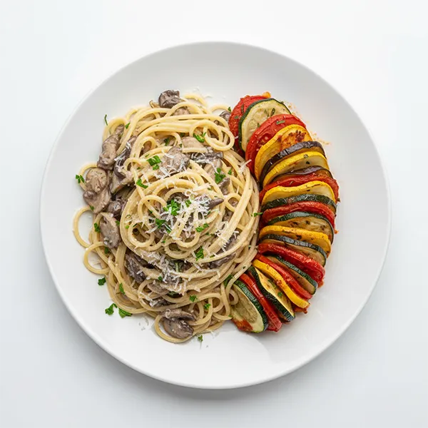 Wild Mushroom and Parmigiano Spaghetti with Baked Ratatouille